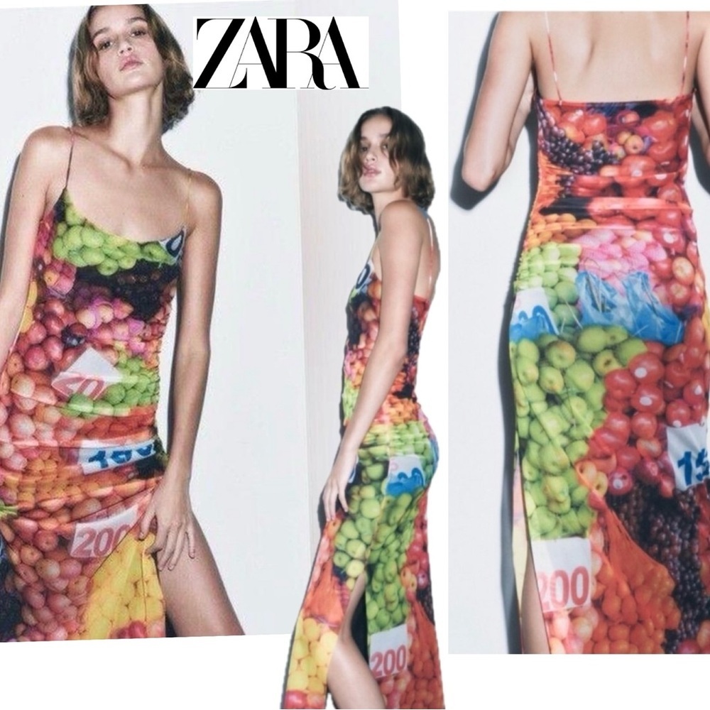 Zara multicoloured mesh fruit spaghetti strap bodycon midi dress Sz S NWOT